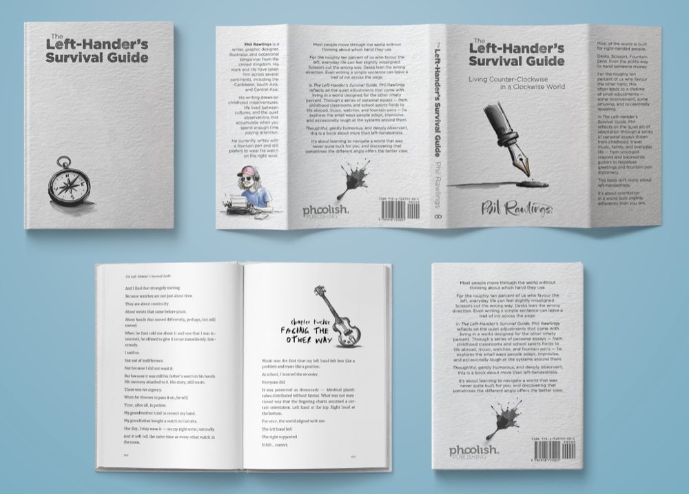 The hardback cover, unfolded dust jacket, back cover and an open spread showing chapter twelve, Facing the Other Way