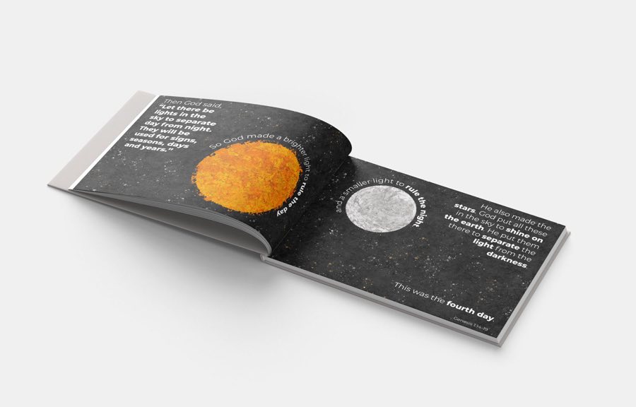 The fourth day · Sun, moon and stars, showing the illustrated spread and text in the printed book