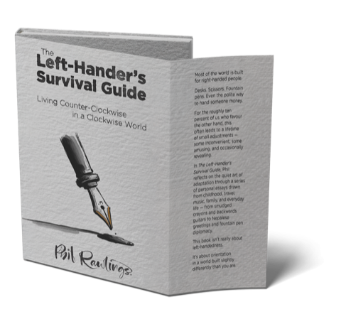 The Left-Hander’s Survival Guide, showing its illustrated hardback cover and open jacket flap