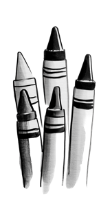 Five crayons, drawn in pen and ink