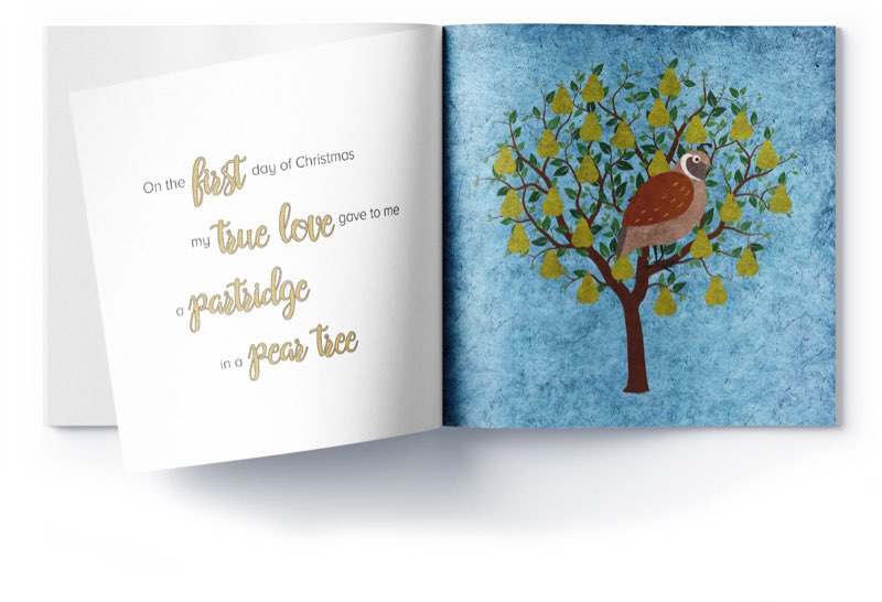 The first day: a partridge in a pear tree, with the words of the carol on the facing page