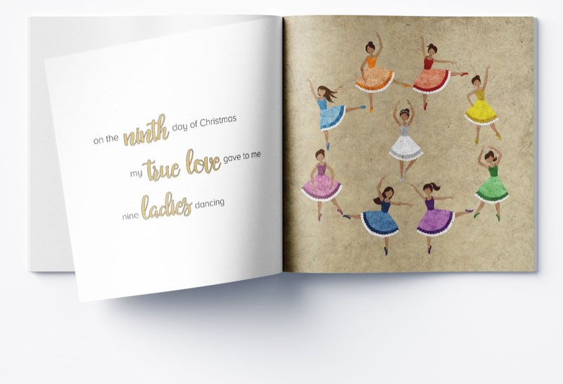 The ninth day: nine ladies dancing in colourful dresses on a textured paper background